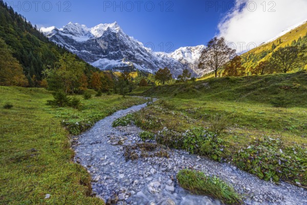 Stream, mountain landscape, maple trees, snowy mountains, sunny, autumn, Großer Ahornboden,