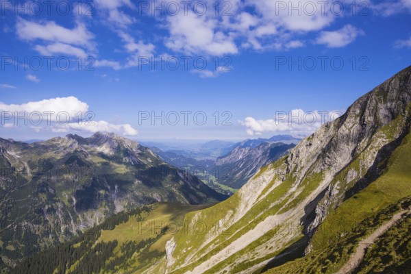 View from the Rappenseehuette into the Stillachtal valley as far as Oberstdorf, Allgäu Alps,