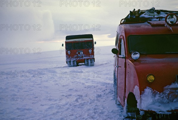 Mercedes Benz snow chain vehicle and GUSI Bombardier B 12 snowmobile, Gudmundur Jonasson travel