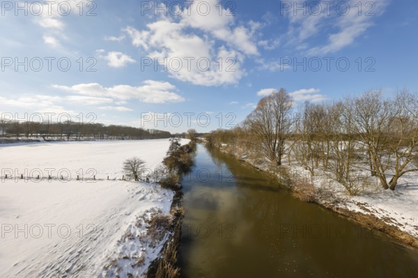 Schermbeck, North Rhine-Westphalia, Germany - Sunny winter landscape in the Ruhr area, ice and snow