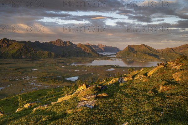View of the coast and mountains from Mount Hoven, Gimsoy, Lofoten, Norway, Europe
