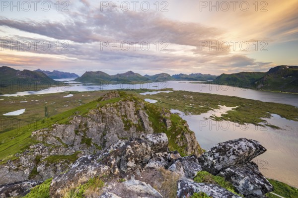View of the coast and mountains from Mount Hoven, Gimsoy, Lofoten, Norway, Europe