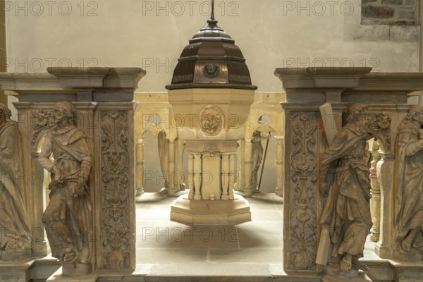 Baptismal font in the interior of Paderborn Cathedral, Paderborn, North Rhine-Westphalia, Germany,