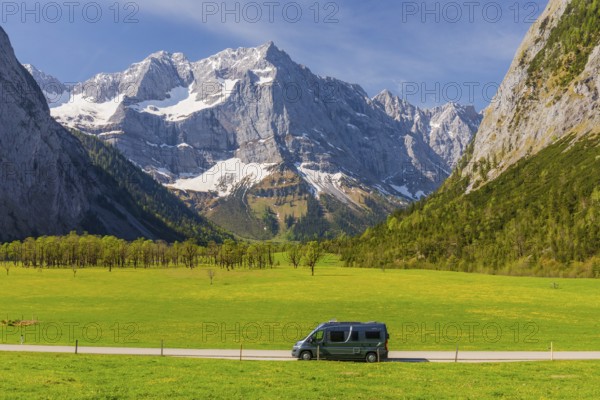 Camper van, Nature conservancy area Grosser Ahornboden. Sycamore maple trees, Acer pseudoplatanus,