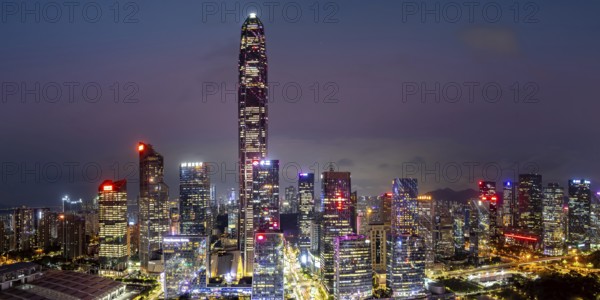 Skyline with skyscrapers panorama city centre Futian district at night in Shenzhen, China, Asia