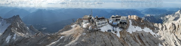 Alpine panorama, mountain station of the Zugspitzbahn, Zugspitze and Zugspitzplatt with glacier,