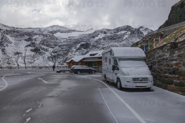 Camper parking at a parking lot at the Grossglockner High Alpine Road, a panoramic road in Austria,