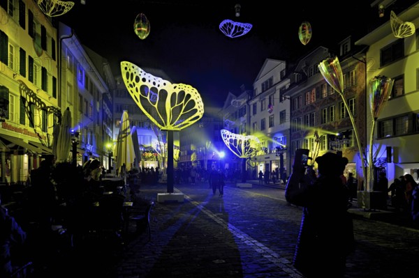 Light installation, on building facades and sculptures in the form of glasses and butterflies in