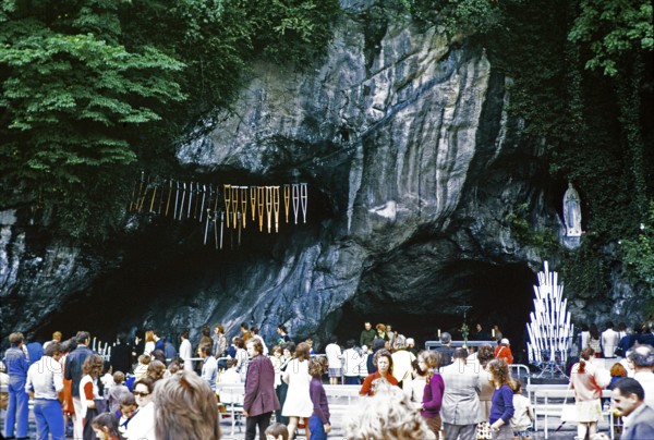 Grotto of Massabielle, Grotto of the Apparitions, Lourdes, France, 1973 with crutches of the healed
