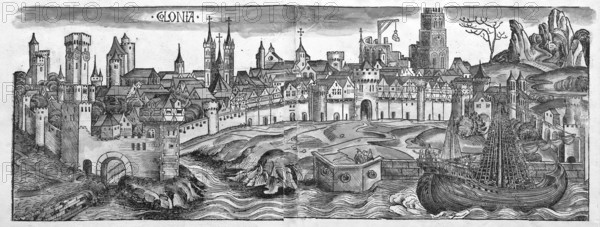 Medieval city view, general view of Cologne or Colonia, woodcut, from: Schedel'sche Weltchronik,