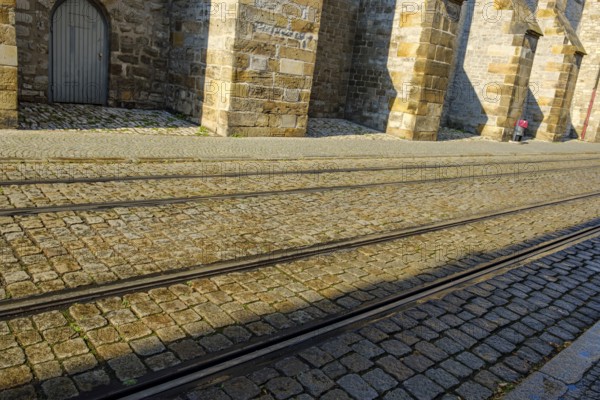 Tram tracks run along the south side of St Mary's Cathedral, Old Town of Erfurt, Thuringia,