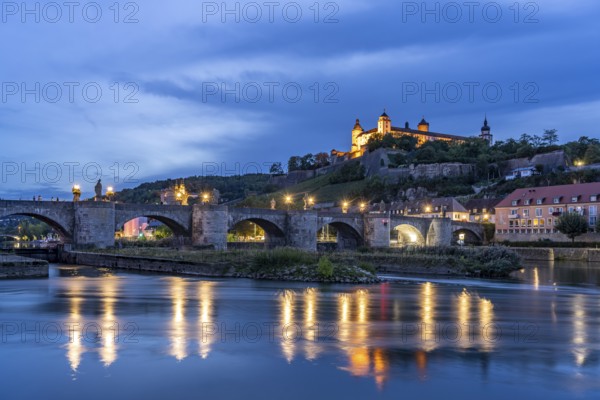 The Main, Old Main Bridge and Marienberg Fortress at dusk, Würzburg, Bavaria, Germany, Europe
