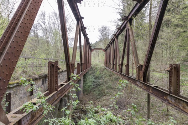 Steel truss bridge, former railway bridge of the Gottleuba valley railway near Langenhennersdorf,