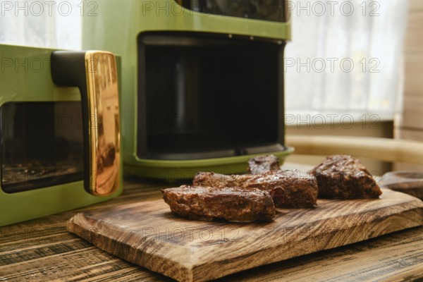 Juicy pieces of meat rest on a wooden cutting board after being fried in modern air fryer