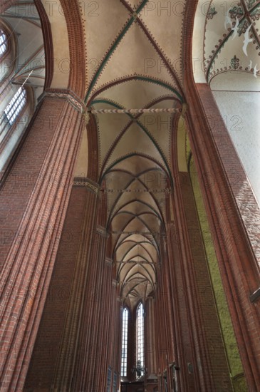 Vaults and pillars of St Nicholas' Church, late Gothic brick building, built between 1381 and 1487,