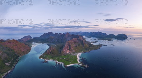 View of Flakstad and Skagsanden beach, mountains and fjord, aerial view, Lofoten, Norway, Europe