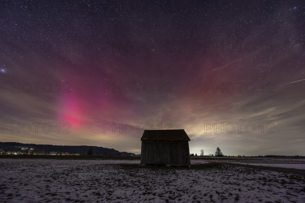 Northern Lights, Aurora borealis, violet, pink, red, hut, stars, Loisach-Lake Kochel-Moor,