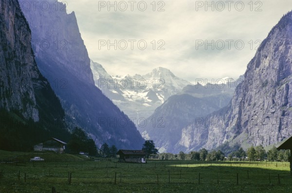 View of the snow-covered Alpine peaks of the Breithorn, Bernese Alpine massif, from Stechelberg,