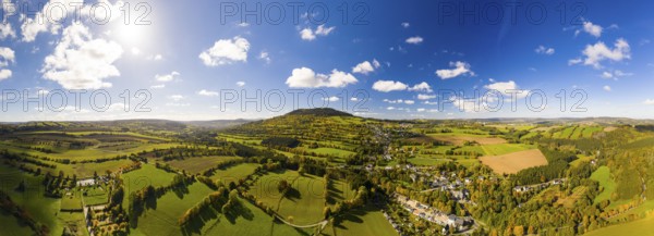 Eastern view of the Pöhlberg with the village of Geyersdorf from the air, Erzgebirge, Saxony,
