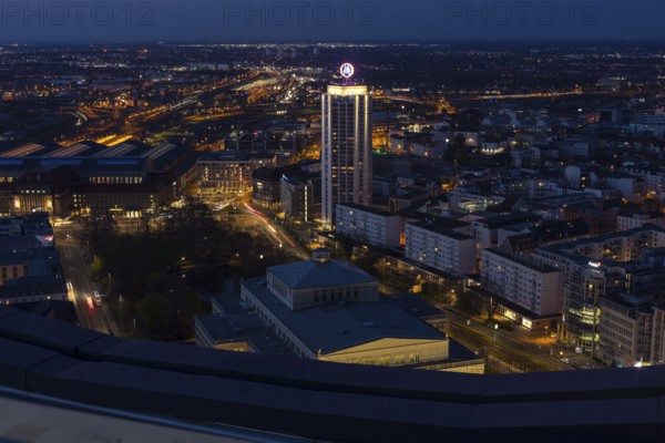 View of the city at night from the city tower block looking north with the main railway station and