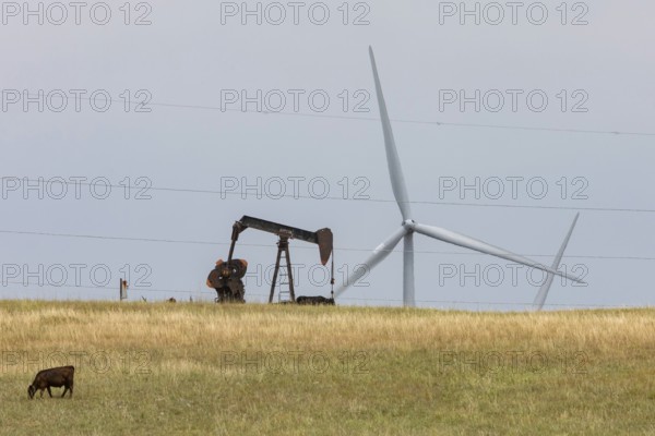 Osage Nation, Oklahoma, An oil well and wind turbines on the Osage Indian Reservation. The Osage