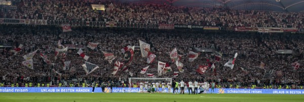 VfB Stuttgart players being celebrated by fans, Cannstatter Kurve, fan curve, flags, atmospheric,