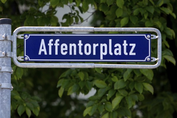 Street sign Affentorplatz, named after the medieval city gate, Sachsenhausen, Frankfurt, Hesse,