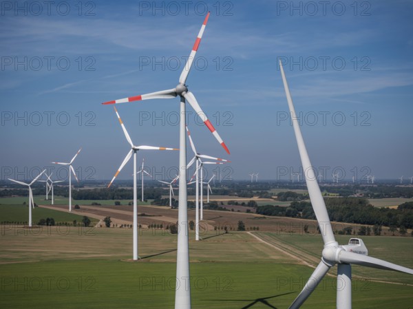 Wind farm near Anklam, drone photo of wind turbines, Sarnow, Mecklenburg-Western Pomerania,