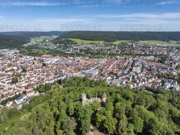 Aerial view of the town of Tuttlingen, in the foreground the ruins of Honburg Castle on the