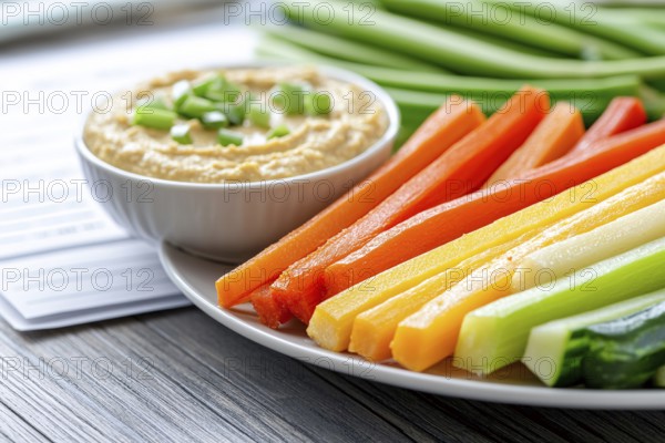 Plate with raw vegetables and hummus dip. Generative Ai, AI generated