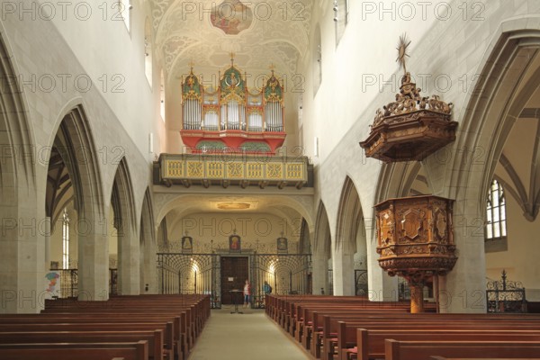 Interior view with pulpit, organ and pews, ceiling fresco, late Gothic Minster of Our Lady,