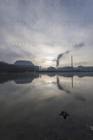 Energy turnaround, shutdown Neckarwestheim nuclear power plant on the Neckar, sunrise, foggy,