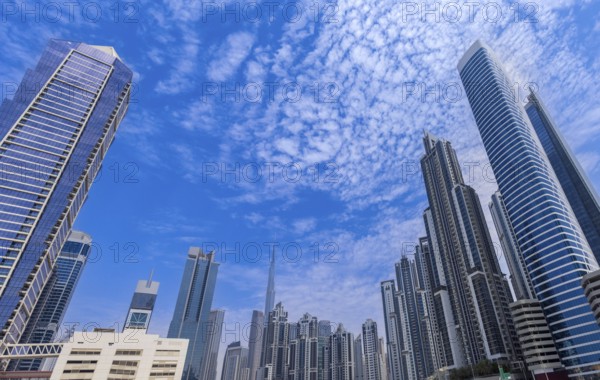 UAE, Dubai panoramic skyline view of city downtown and business district