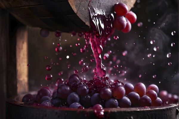 Grape cluster mid crush in a traditional wine press with dynamic flow of juice, AI generated