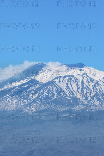 View of mount Etna from Castelmola village, Castelmola, Taormina, Sicily, Italy, Europe