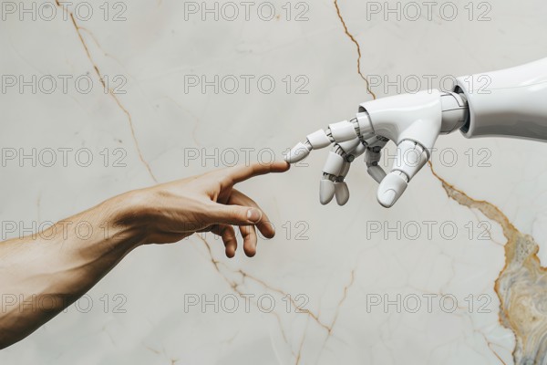 Human hand and white robotic hand reaching towards each other. KI generiert, generiert, AI