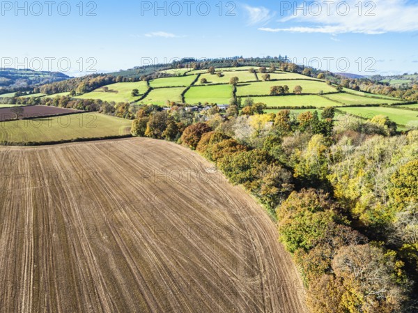 Fields and Farms over River Usk from a drone, Brecon, Brecon Beacons, Powys, Wales, England, United