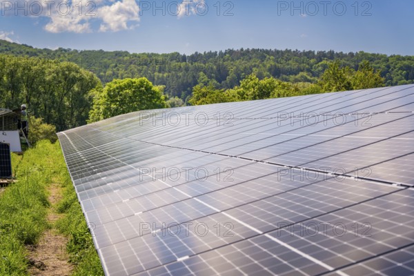 Large solar panels on a field reflecting the sun's rays, surrounded by trees and sky, construction
