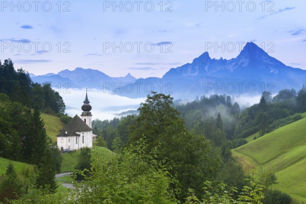 Maria Gern pilgrimage church, view of the Watzmann, in front of sunrise, Berchtesgarden Alps,