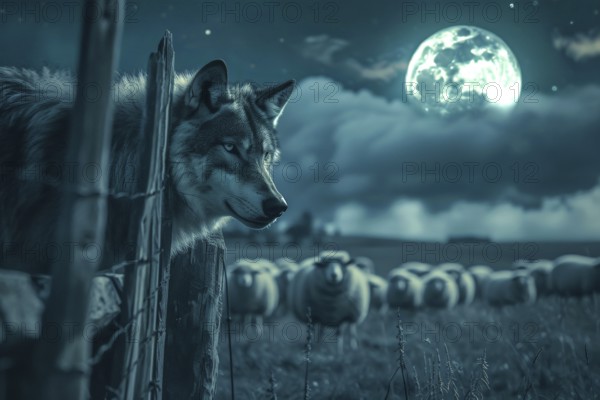 A wolf stands at a pasture fence at night under a full moon and observes a grazing flock of sheep,
