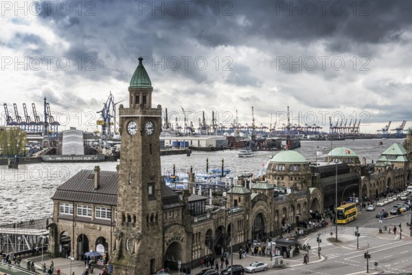 St. Pauli Landungsbrücken with tide gauge tower and Elbe, behind Hamburg harbour, Hamburg, Germany,