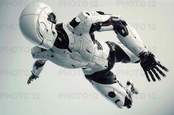 Futuristic humanoid cyborg jumping in front of a white background, AI generated