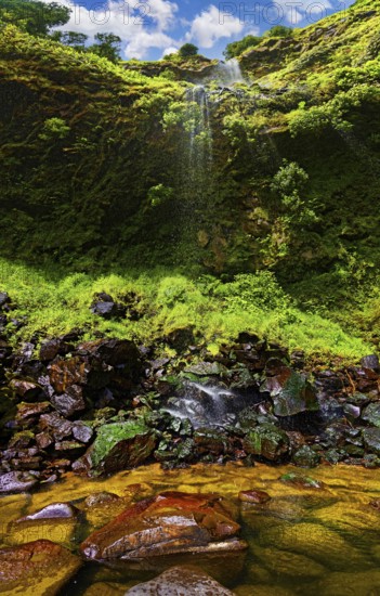 Small waterfall with clear water flowing down over moss-covered rocks, Poca da Inglesa waterfall,