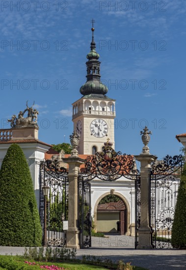 Tower of Church of St. Wenceslaus seen from Mikulov Castle gardens, Czech Republic, Europe