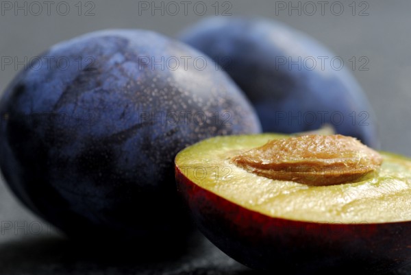 Plums (Prunus domestica) , plum, plum, plum, plum, halved