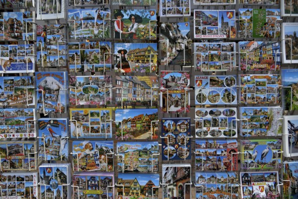 Postcard stand with Alsace postcards, Obernai, Bas-Rhin, Alsace, France, Europe