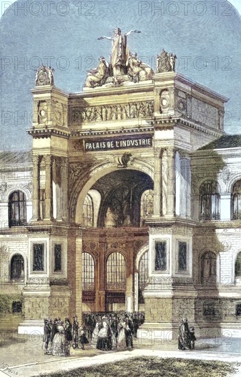 View of the main entrance to the Palace of Industry at the 1855 World's Fair, on the Champs