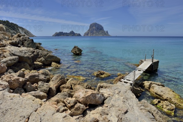 Jetty near the beach of Cala d'Hort, Sant Josep de sa Talaia, Ibiza, Balearic Islands, Spain,