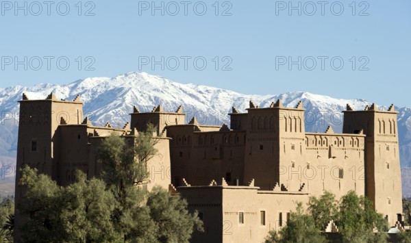 Morocco, Kasbah Hotel, Dades Valley, Valley of the Kasbahs in front of the High Atlas Mountains,