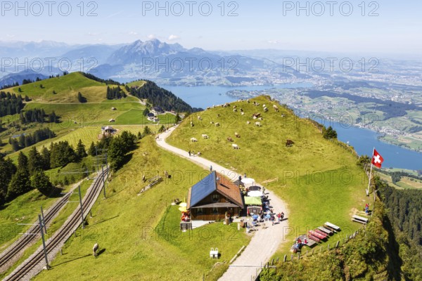 View from Mount Rigi to the city of Lucerne, Lake Lucerne and Pilatus Alps mountains in Rigi,